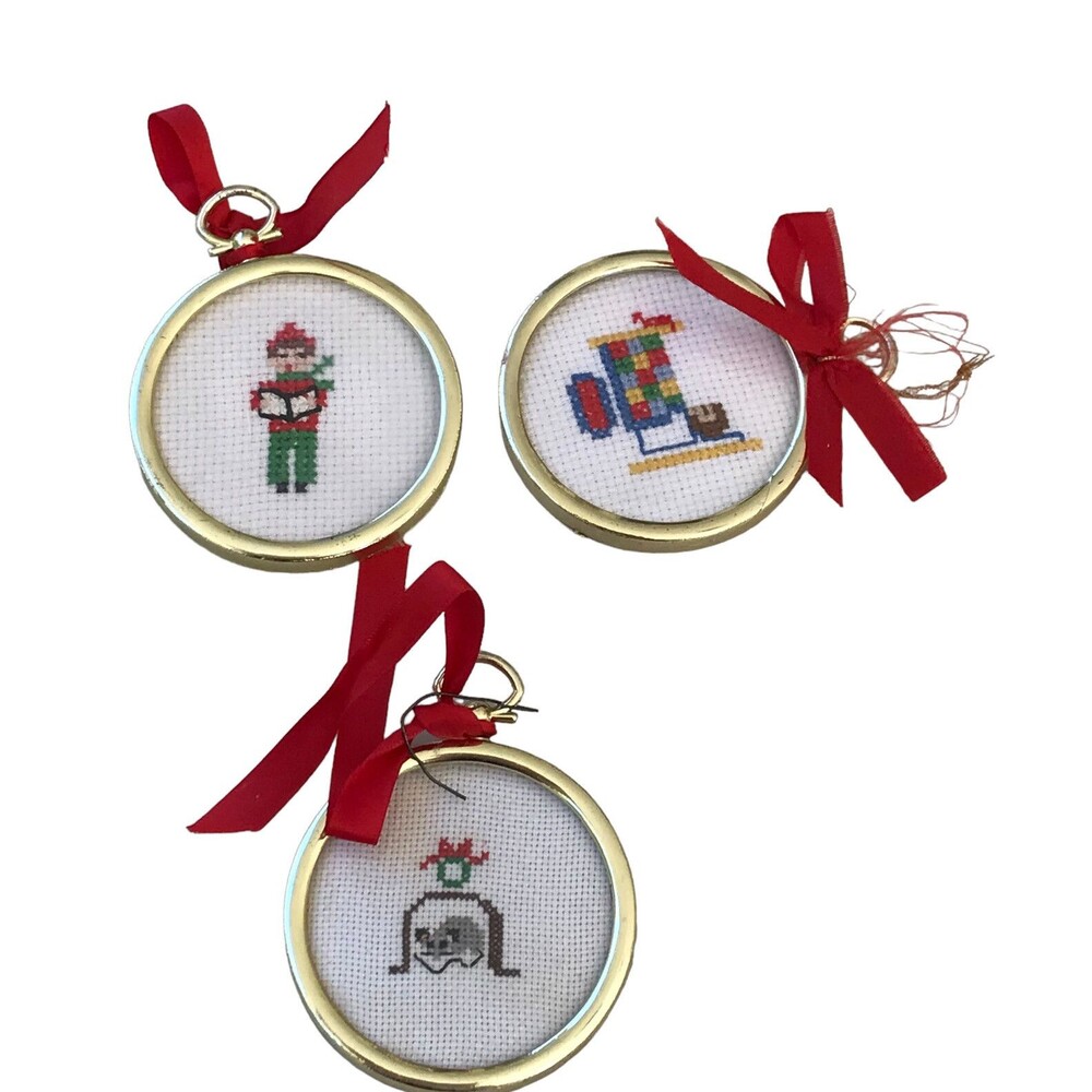 Vintage Christmas Tree Ornaments Handmade Embroidered  Holidays 3” Lot of 3